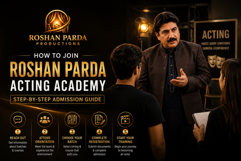 Students attending orientation session at Roshan Parda Acting Academy in Multan during the step-by-step admission and acting training process.