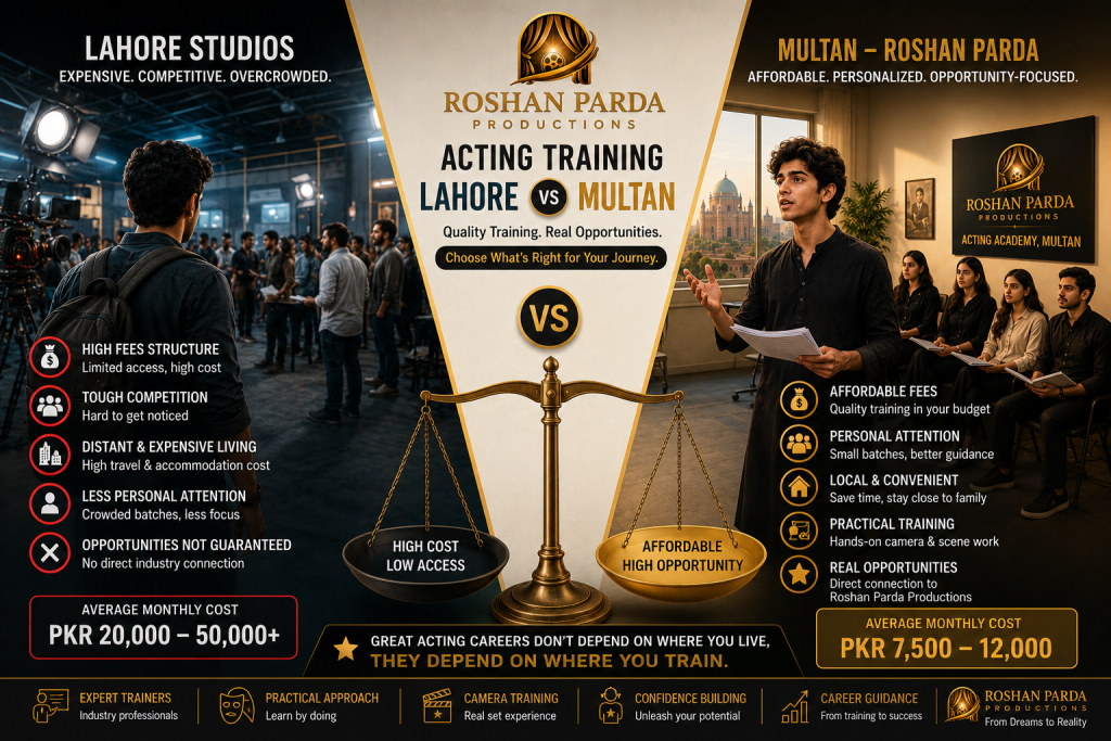 Comparison infographic showing acting academy costs and opportunities in Lahore versus Roshan Parda Acting Academy in Multan, Pakistan.
