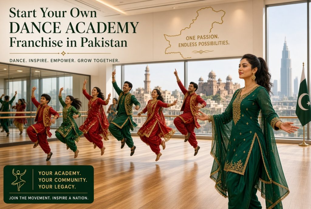 Professional dancers performing Bollywood and bhangra fusion in a modern Multan studio – guide to starting a successful dance academy franchise or branch in Pakistan