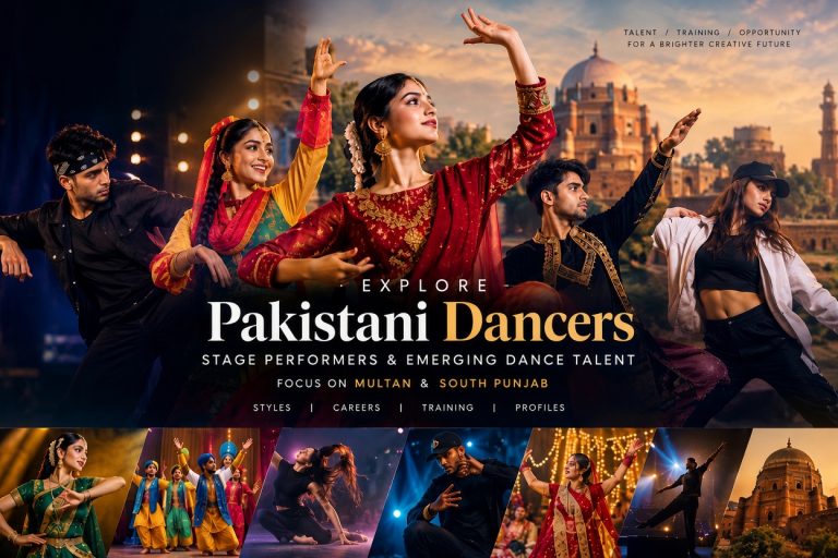 Stage dancer in traditional costume performing on a lit stage in Multan